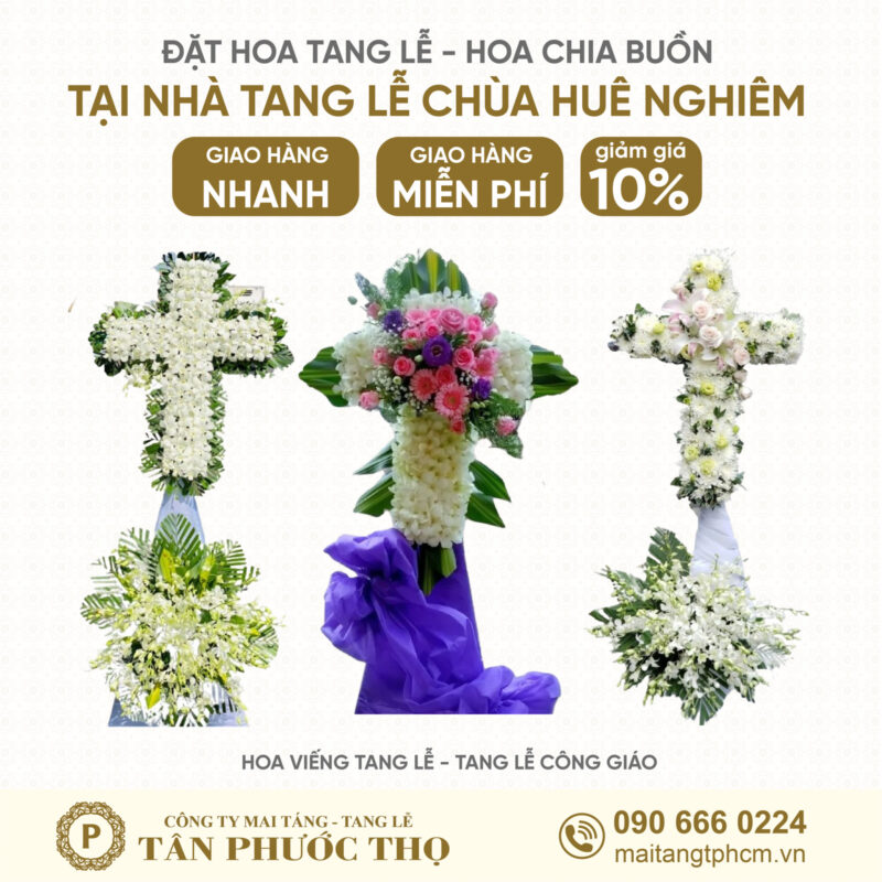 hoa tang lễ tại Nhà Tang Lễ Chùa Huê Nghiêm theo nghi thức tang lễ công giáo