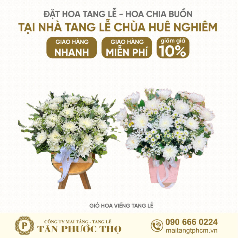 Giỏ hoa tang lễ tại Nhà Tang Lễ Chùa Huê Nghiêm
