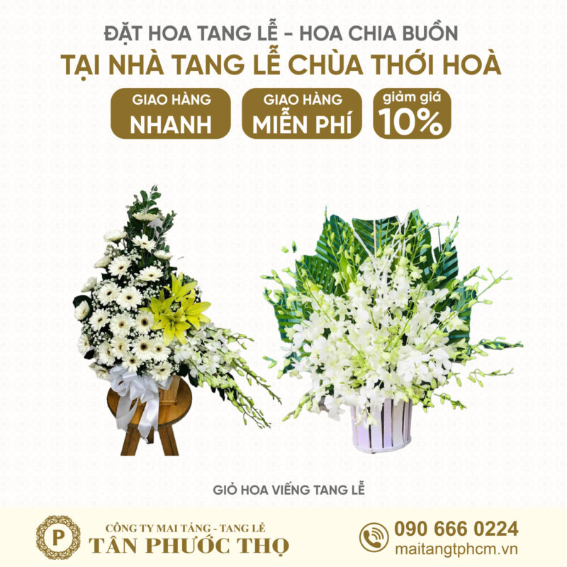 Giỏ hoa tang lễ tại Nhà Tang Lễ Chùa Thới Hoà