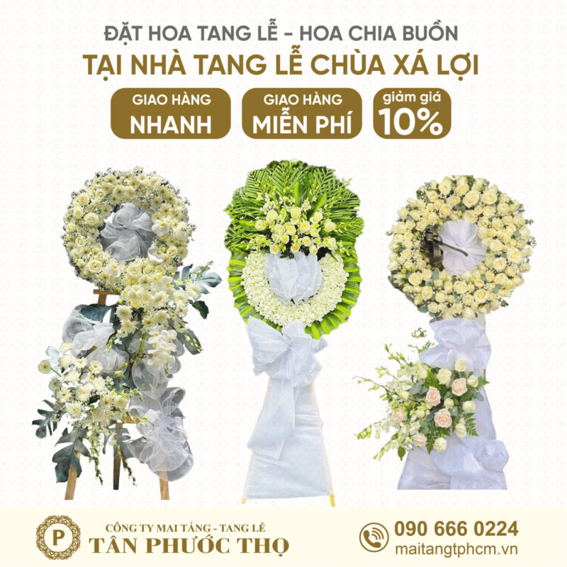 Vòng Hoa Tang Lễ tại Nhà Tang Lễ Chùa Xá Lợi cho dịch vụ mai táng trọn gói và tang lễ trọn gói
